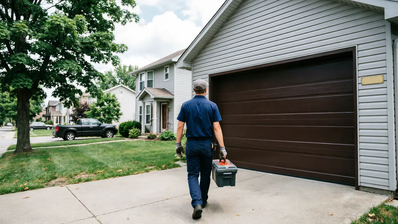 A technician walks toward a brown garage door with a toolbox in hand.