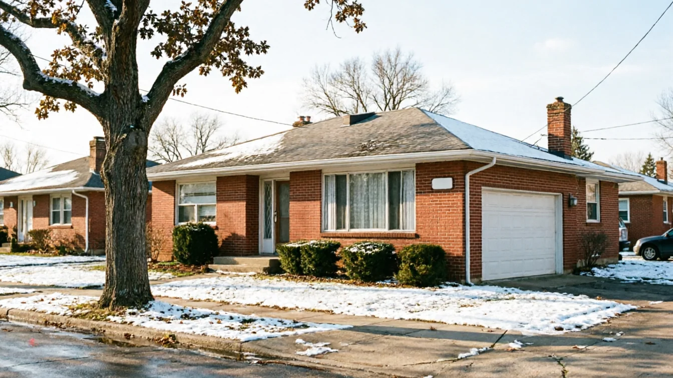 A brick house with a white garage door and snow on the ground.