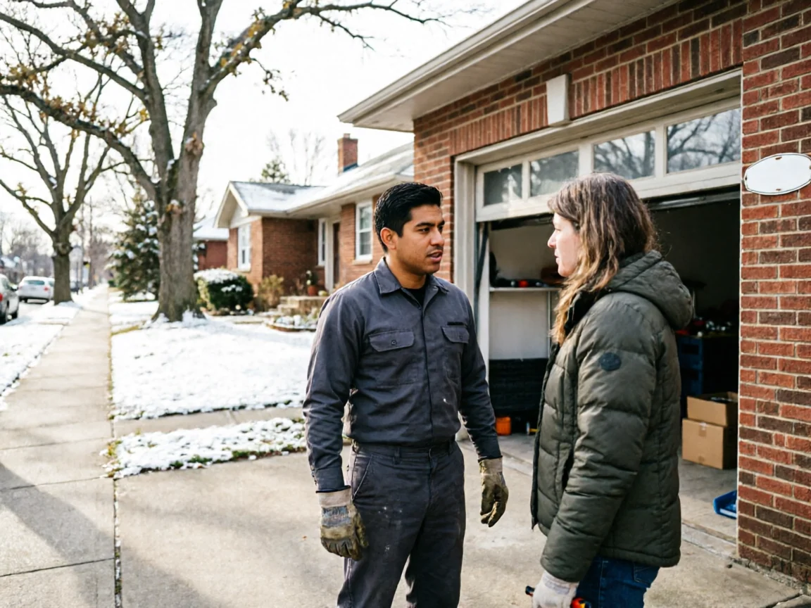 A technician talks to a woman in front of a house with an open garage door.