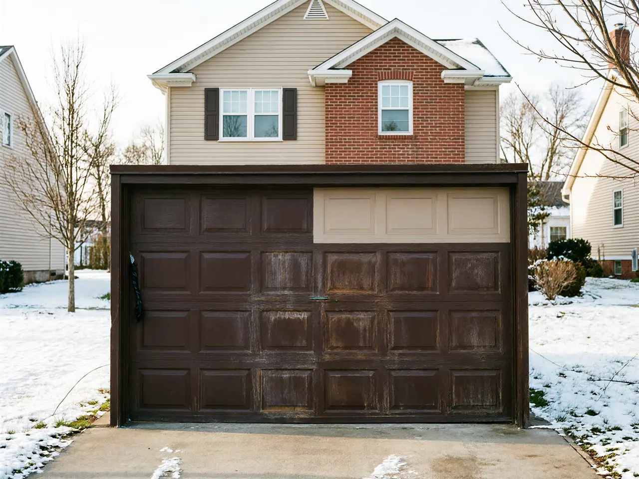 The garage door is brown and tan, with a house and snowy yard behind it.